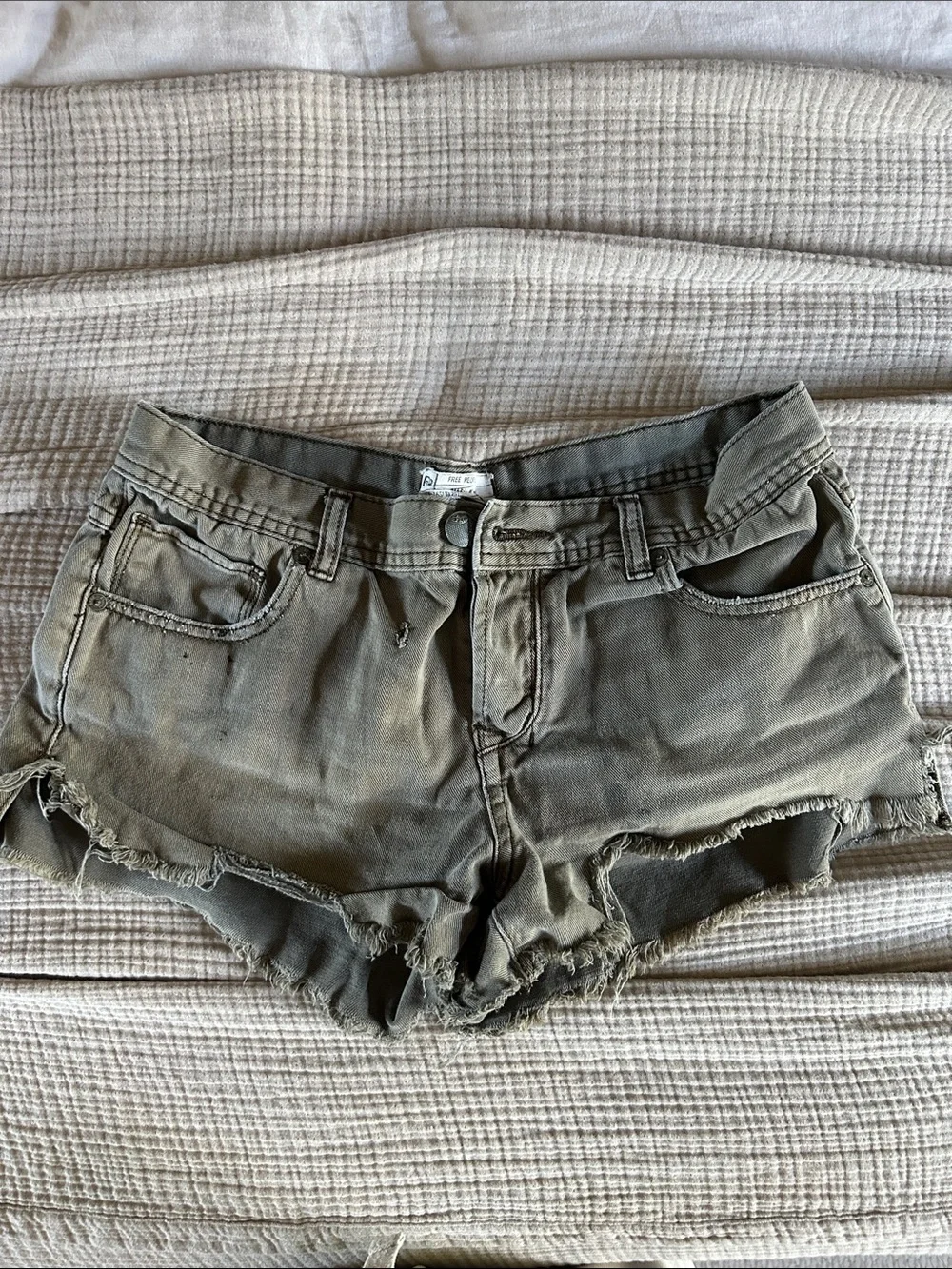 FREE PEOPLE Olive Green Frayed Denim Cutoff Shorts